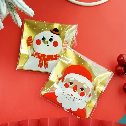 Christmas Cute Gold Santa Claus Snowman Print Self-Adhesive Packing Gift Bags Clear Plastic Candy Baking Treat Biscuit Storage Pouch Bags For Party Decoration Supplies