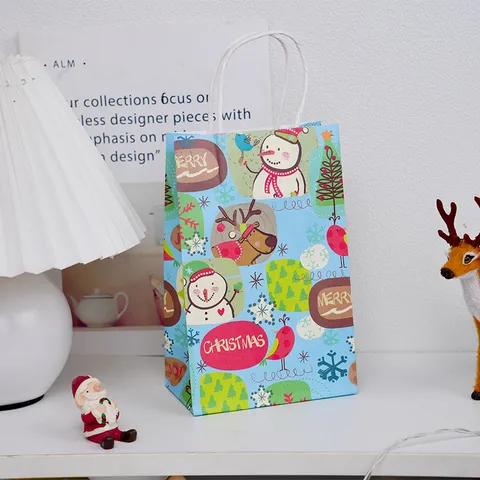 Blue Christmas Gift Paper Bag Cartoon Snowman Elk Pattern Handheld Packing Pouch Merry Christmas Festive Treat Storage Bag
