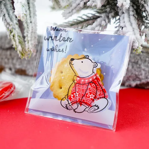 Weihnachten Karikatur Bär Bedruckt Kunststoff Verpackungbeutel Klar Selbstklebend Cellophantüte Für Kekse Keks Süßigkeiten Backen Dekoration Feiertag Party Geschenkbeutel