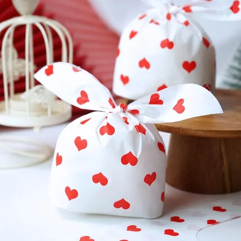 Sacchetti Regalo in Plastica con Cuore Rosso di San Valentino Simpatici Sacchetti di Imballaggio per Biscotti al Torrone con Orecchie di Coniglio per Matrimonio Festa