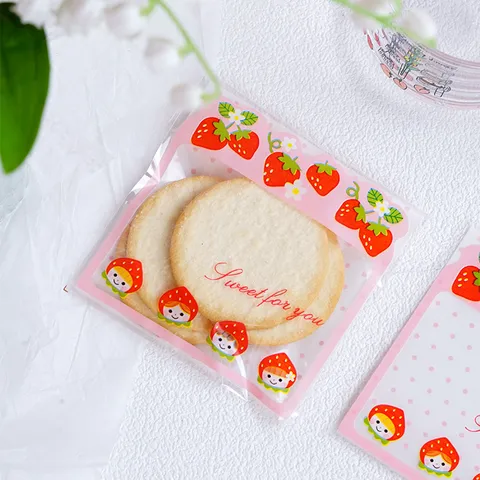 Cute Cartoon Strawberry Self Adhesive Cellophane Gift Wrapping Bags Sweet For You Plastic Candy Cookie Bags For Packaging Home Kitchen Bakery Favors