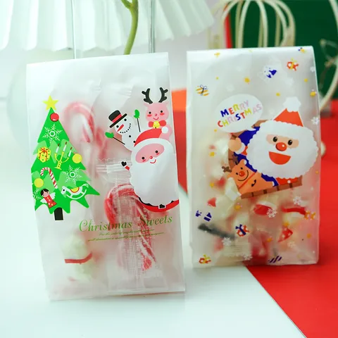 Merry Christmas Candy Bags Frosted Plastic Cookie Packaging Pouches For Holiday Sweet Biscuits Nougat Gifts Treat Bag