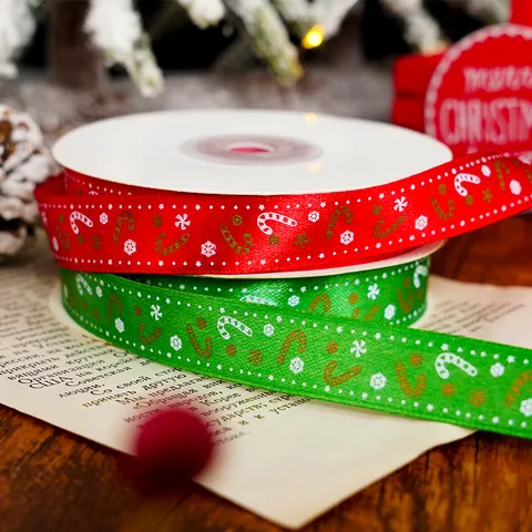 Christmas Satin Ribbon Gold Cane Snowflake Pattern Printed Ribbon For Gift Box Wrapping Festive Party Decor Red Green