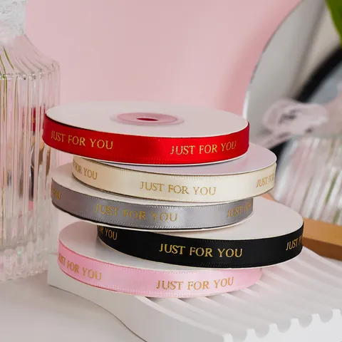 Polyester Satin Ribbon Gold Letter Printed Decorative Ribbon For Box Wrapping Flower Craft DIY Hair Bow Accessories
