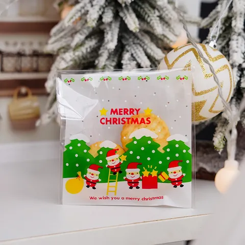 Transparent Plastic Cookie Bags Cartoon Santa Claus Resealable Self Adhesive Gift Bags For Christmas Baking Candy Treats