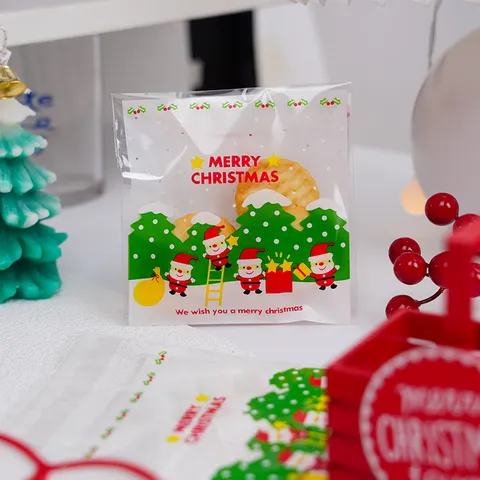 Transparent Plastic Cookie Bags Cartoon Santa Claus Resealable Self Adhesive Gift Bags For Christmas Baking Candy Treats