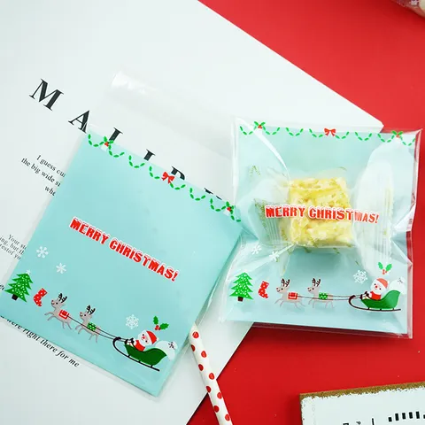Christmas OPP Cookie Bags Blue Santa Claus Sleigh Reindeer Self Sealing Candy Gift Packaging Pouches Festive Party Supplies