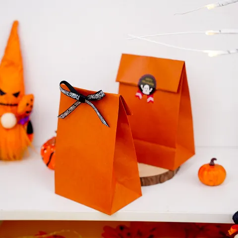 Bolsa de Papel Kraft Naranja Sin Asas Color Sólido Halloween Panadería Horneado Regalo Bolsas de Embalaje Fondo Cuadrado Bolsa de Almacenamiento