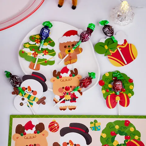 Christmas Lollipop Paper Cards Santa Claus Snowman Reindeer Pattern Candy Packaging Decoration For Xmas Holiday Party Favors