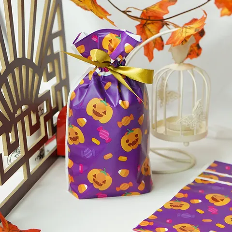 Halloween Pumpkin Candy Gift Bag Plastic Ribbon Drawstring Packaging Pouch For Holiday Party Treat Bakery Biscuit Storage Bag