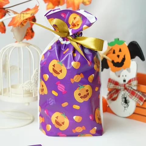 Halloween Pumpkin Candy Gift Bag Plastic Ribbon Drawstring Packaging Pouch For Holiday Party Treat Bakery Biscuit Storage Bag