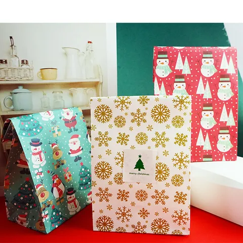 Natale Carta Kraft Bianca Sacchetto Regalo Festivo Pupazzo di Neve Stampa Cartoon Busta Piatta Portavivande per Dolci di Festa Articoli per Feste