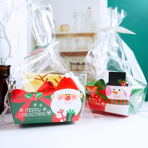 Kerstmis Gebaksverpakking Zakken Set Cartoon Kerstman Sneeuwpop Karton Papier Dienblad Met Transparante Plastic Cadeauzakjes Voor Vakantie Snoep Koekjes Verpakking Decor
