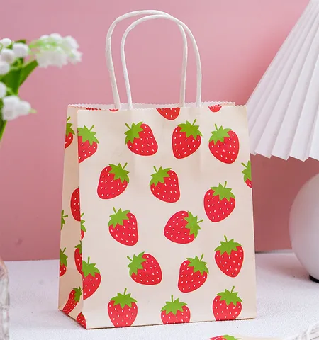 Sac Cadeau en Papier Fraise Mignon Petit Sac d'Emballage Cadeau Frais Sac de Faveur de Fête Avec Poignées Pour Fête d'Anniversaire Enfants