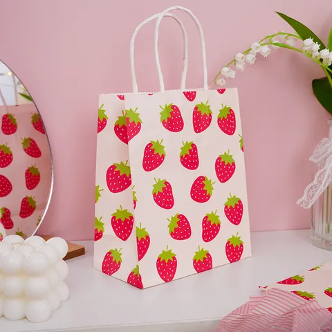 Sac Cadeau en Papier Fraise Mignon Petit Sac d'Emballage Cadeau Frais Sac de Faveur de Fête Avec Poignées Pour Fête d'Anniversaire Enfants