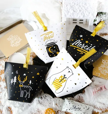 Scatola Regalo Cuscino Con Doratura In Oro Di Natale Carino Cartone Animato Orso Cervo Scatola Di Caramelle In Carta Per Biscotti