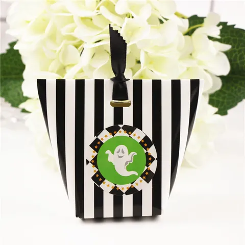 Halloween Stripe Pattern Cardboard Gift Boxes Vertical Stripe Cookie Pouch Box Ghost Sticker Decor For Festival Treats Party Favor Candy Containers Storage Box