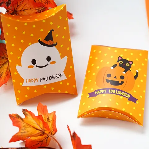 Scatola Regalo in Carta a Forma di Cuscino di Halloween Simpatica Zucca Fantasma Stampa Scatola di Imballaggio per Caramelle per Feste di Bambini