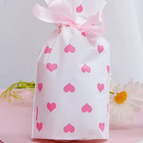 Ins Stijl Roze Hart Bedrukt Plastic Trekkoordtas Lint Strik Cadeautas Verpakkingszakje Voor Valentijnsdag Bruiloft Cosmetica