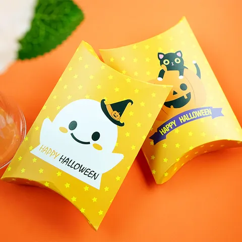 Scatola Regalo in Carta a Forma di Cuscino di Halloween Simpatica Zucca Fantasma Stampa Scatola di Imballaggio per Caramelle per Feste di Bambini