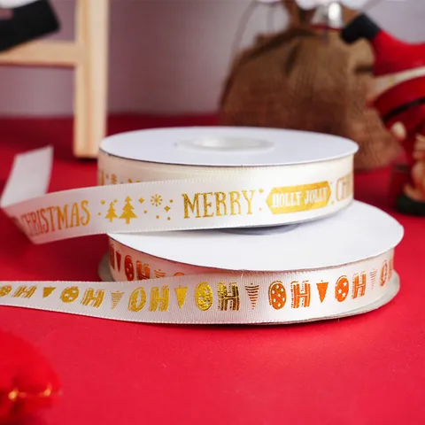 Gold Christmas Tree Printed Satin Ribbon Ho Ho Letter Pattern Fabric For Gift Wrapping Cake Box Holiday Party Decor