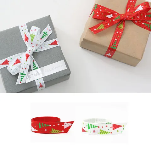 Christmas Tree Printed Satin Ribbon Red White Ribbon For Gift Wrapping Party Craft Holiday Home Decor