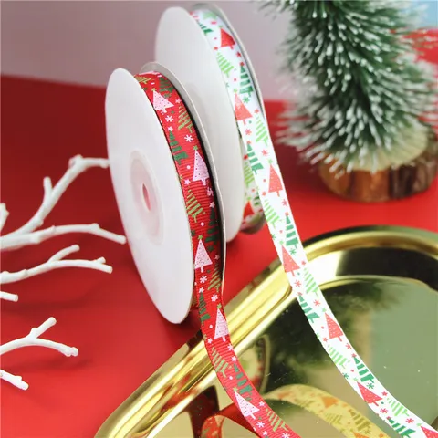 Christmas Tree Printed Satin Ribbon Red White Ribbon For Gift Wrapping Party Craft Holiday Home Decor