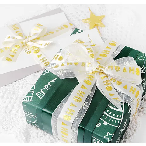 Gold Christmas Tree Printed Satin Ribbon Ho Ho Letter Pattern Fabric For Gift Wrapping Cake Box Holiday Party Decor