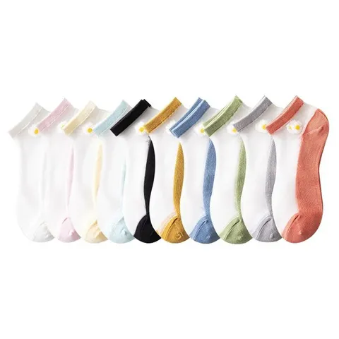 Women Daisy Crystal Silk Ankle Socks Transparent Thin Boat Socks Cotton Bottom Breathable Sweet Floral Embroidered Hosiery