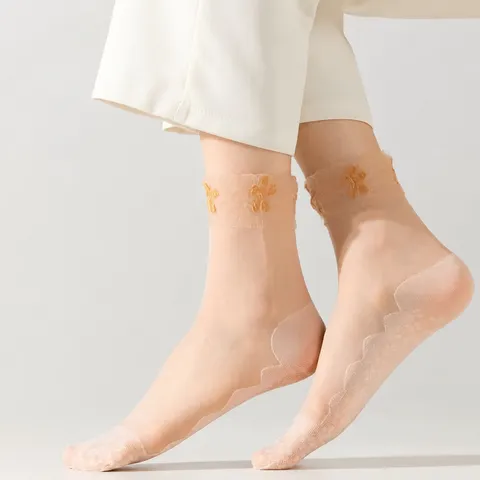 Women Ultra Thin Sheer Short Socks Clover Floral Lace Anti Slip Summer Stockings