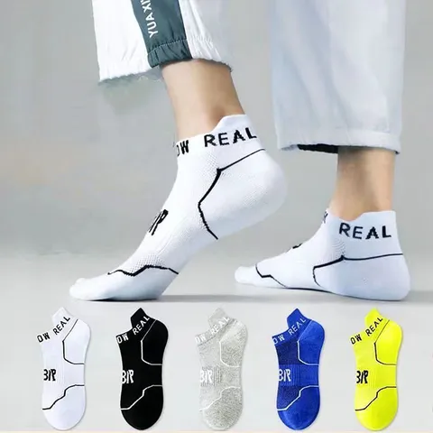 Men's Summer Thin Sports Short Socks Breathable Mesh Athletic Boat Socks Letter Print Casual Ankle Socks