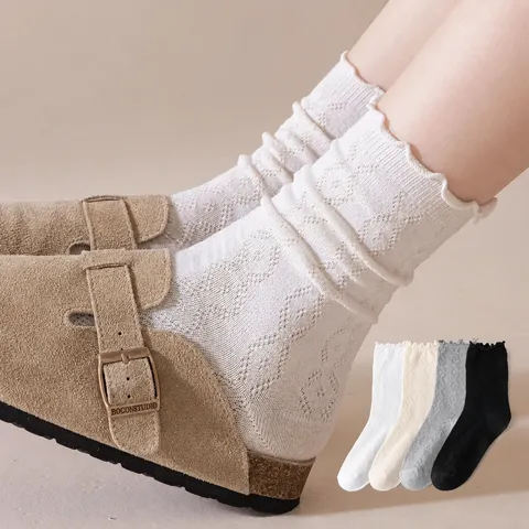 Women's Cute Ruffle Edge Polka Dot Crew Socks Thin Breathable Japanese Ballet Style Cotton Mid Tube Socks Casual Hosiery