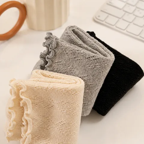 Women's Cute Ruffle Edge Polka Dot Crew Socks Thin Breathable Japanese Ballet Style Cotton Mid Tube Socks Casual Hosiery