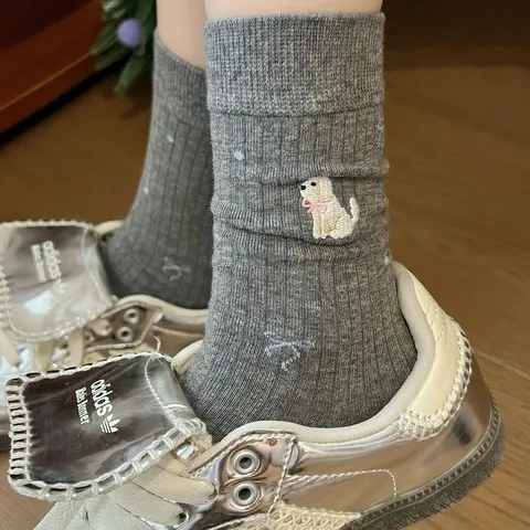 Women's Sweet Style Cute Dog Bow Embroidery Design Crew Socks Comfortable Polyester Casual Daily Stockings