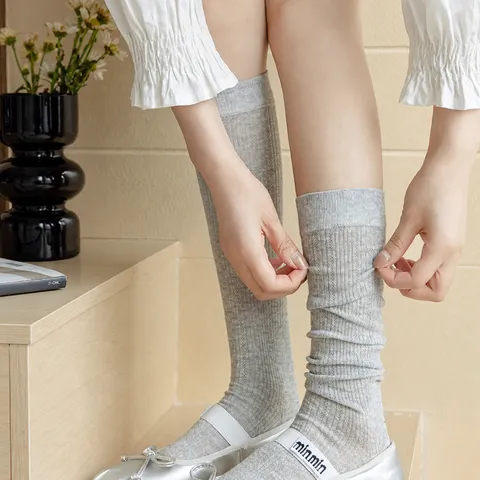 Women Summer Thin Hollow Out Solid Color Vertical Stripes Mid Calf Socks Sweet Japanese JK Style Casual Tube Socks
