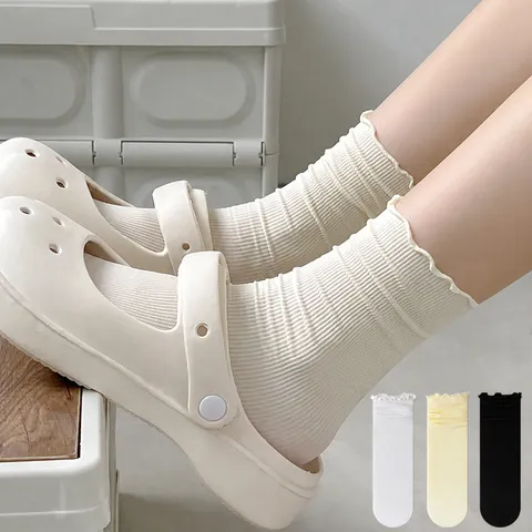 Women Summer Thin Ruffle Lettuce Edge Ice Silk Crew Socks Casual Cute Lolita Sweet Solid Color Hosiery