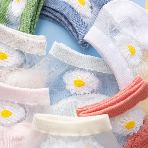 Women's Summer Daisy Transparent Glass Silk Boat Socks Breathable Polyester Cotton Low Cut Invisible Crystal Short Socks Korean Style