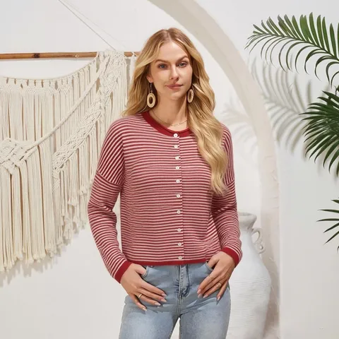 Women's Casual Striped Knit Cardigan Open Front Long Sleeve Crew Neck Button Down Sweater Outerwear