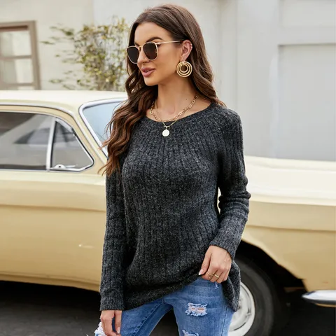 Maglione da Donna in Maglia di Poliestere Acrilico Casual Girocollo a Maniche Lunghe Pullover Largo Stringato Tinta Unita