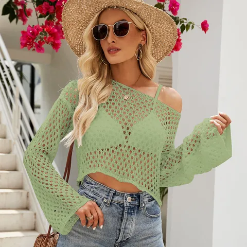 Tricot Ajouré Décontracté pour Femmes Manches Évasées Longues Court Cache-Maillot Couleur Unie Pull Top Mode d'Été Chic
