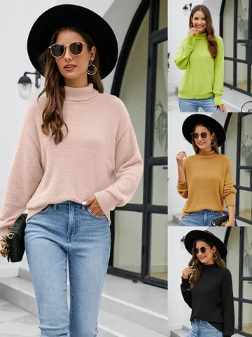 Women's Casual Turtleneck Long Sleeve Pullover Sweater Solid Color Knit Tops Fall Winter Fashion Elegant Clothing