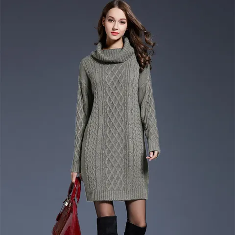 Women Casual Long Turtleneck Knit Sweater Dress Fall Winter Solid Color Long Sleeve Slim Fit Pullover Dress