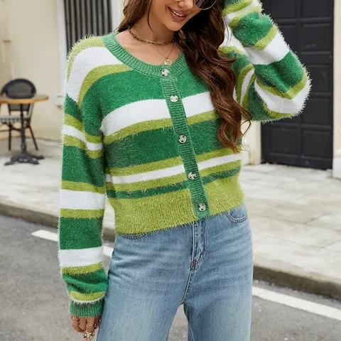 Women's Casual Green Striped Knit Cardigan Short Round Neck Long Sleeve Color Block Sweater Jacket Top