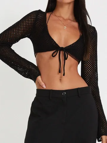 Women Sexy Hollow Out Short Knit Cardigan Long Sleeve V Neck Lace Up Casual Slim Crop Top Beach Cover Up