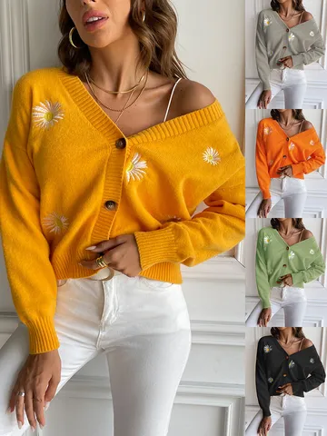 Women's Sweet Floral Embroidered V-Neck Cardigan Sweater Long Sleeve Button Down Loose Knitwear Top