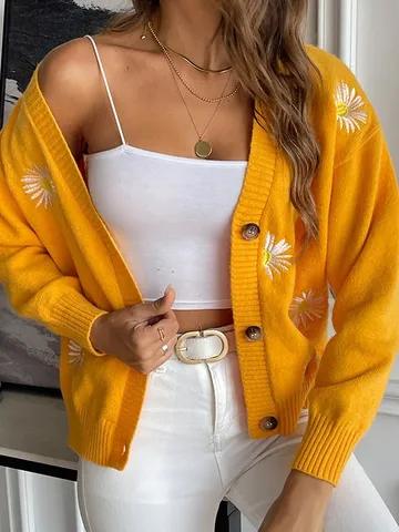 Women's Sweet Floral Embroidered V-Neck Cardigan Sweater Long Sleeve Button Down Loose Knitwear Top