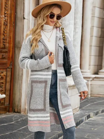 Acrylic Polyester Women's Long Knitted Cardigan Hooded Plaid Striped Sweater Coat Open Front Patchwork Outwear Autumn Winter Jacket