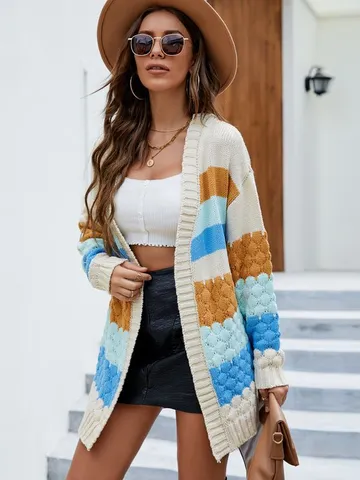 Damen Mittellang Color Block Strickjacke Locker Patchwork Langarm Pullover Jacke Offene Vorderseite Casual Oberbekleidung Für Damen