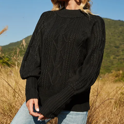 Damesmode Lantaarnmouwen Halfhoge Kraag Effen Kleur Gebreide Trui Losse Pullover Britse Stijl Acryl Forenzentop