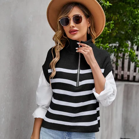 Chaleco de Punto a Rayas Informal para Mujer Suéter Sin Mangas con Cremallera Cuello Medio Top de Otoño Invierno Chaleco de Punto Holgado